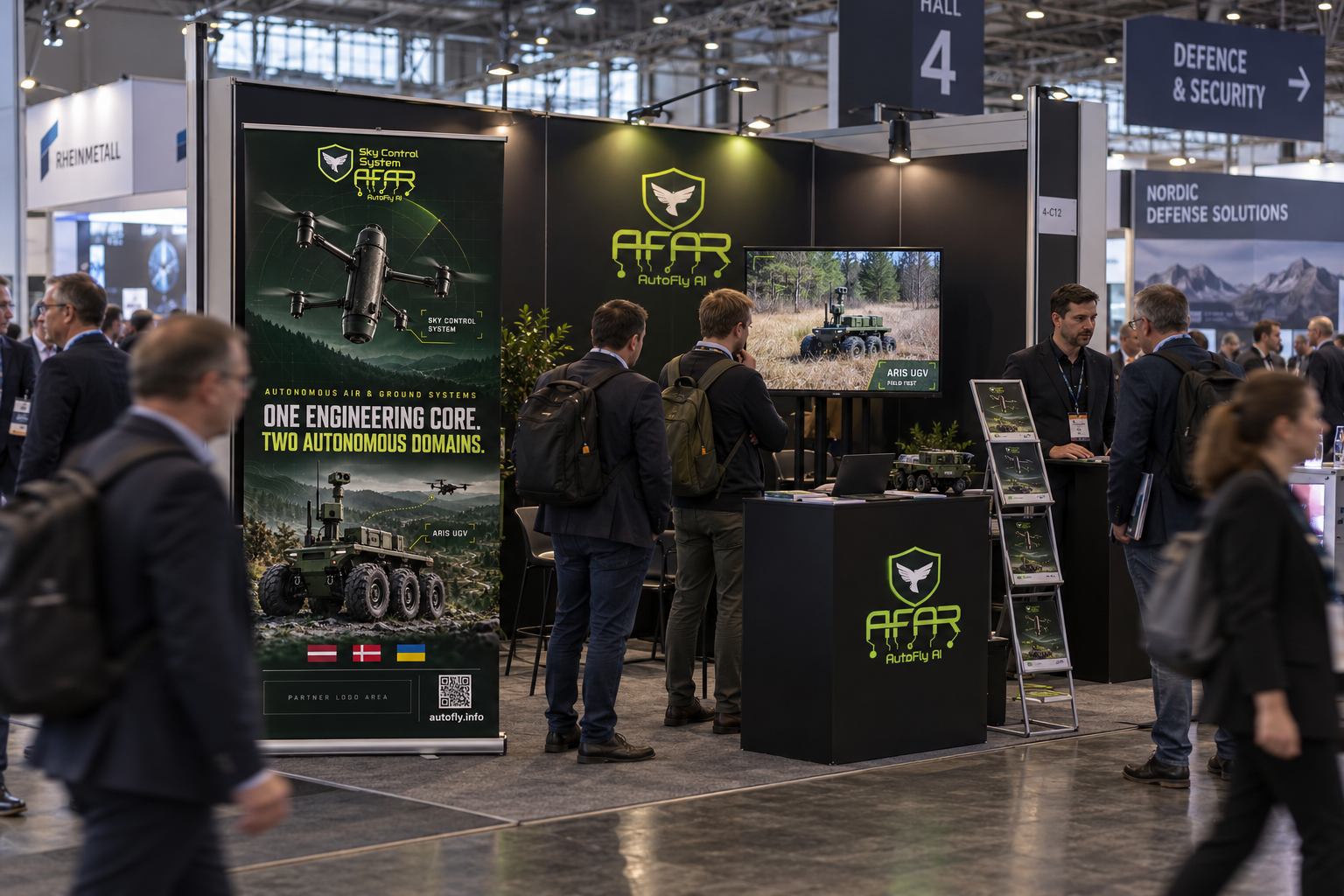 Concept visualization of a compact AutoFly AI Robotics exhibition stand with roll-up and field-test video