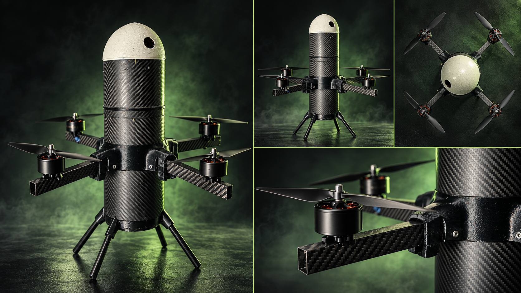 Four-view studio collage of the Sky Control System physical interceptor prototype